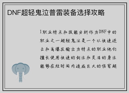 DNF超轻鬼泣普雷装备选择攻略